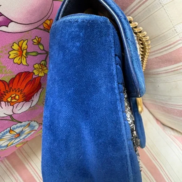 ❌ SOLD Gucci Blue Velvet Embroidered GG Shoulder Bag - Picture 4 of 4